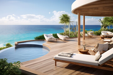 Obraz premium Luxury Hotel Pool Deck Overlooking the Ocean