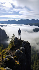 Hiker standing on the edge of a cliff and enjoying the view of the misty valley