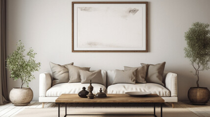 Interior of modern living room with white sofa and wooden coffee table. Mock up,  Rendering