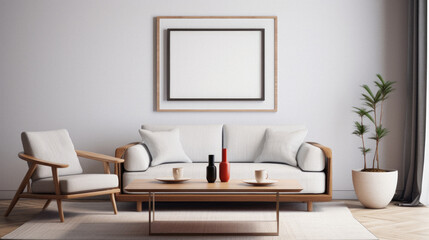 Modern living room interior with white sofa, coffee table and mock up poster frame.  Rendering