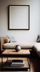 Interior of modern living room with sofa, coffee table and mock up poster