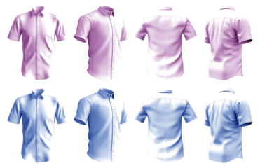 2 Set of pastel light blue purple violet, button up short sleeve collar shirt front, back and side view on transparent background cutout, PNG file. Mockup template for artwork graphic design