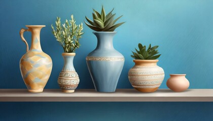 Fototapeta na wymiar vase with flowers.a chic digital illustration capturing the essence of home decor and design. Showcase ceramic pots artfully placed on a shelf against a stylish blue wall, creating a harmonious visual