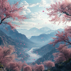 Cherry blossoms in the early morning in the mountains.