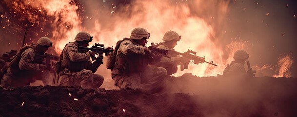 Special Forces soldiers crossing through a devastated war zone.