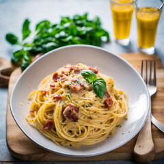 spaghetti with tomato sauce on a white plate on the table