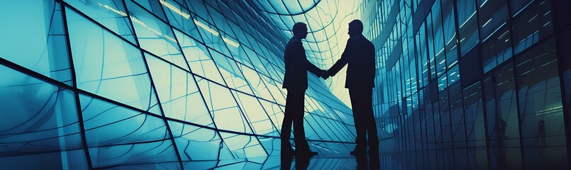 two businessmen shaking their hands with an abstract background. business meeting and partnership concept copy space. generative AI