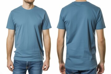 Mock-Up Male Model for a Plain Blue Blank Casual T-Shirt, Front and Back. Generative AI.