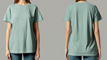 Mock-Up Female Model for a Plain Light Green Blank Casual T-Shirt, Front and Back. Generative AI.