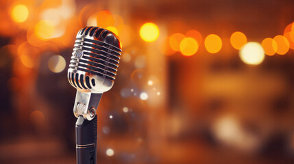 Retro microphone on stage with bokeh background. Vintage style .