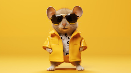 little mouse with sunglasses, isolated on yellow color background