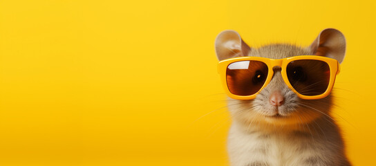 little mouse with sunglasses, isolated on yellow color background