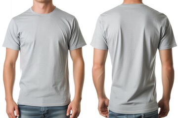 Mock-Up Male Model for a Plain Grey Blank Casual T-Shirt, Front and Back. Generative AI. - obrazy, fototapety, plakaty