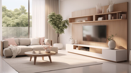 apartment with wooden floors, white walls and light furniture, modern sofa and large windows