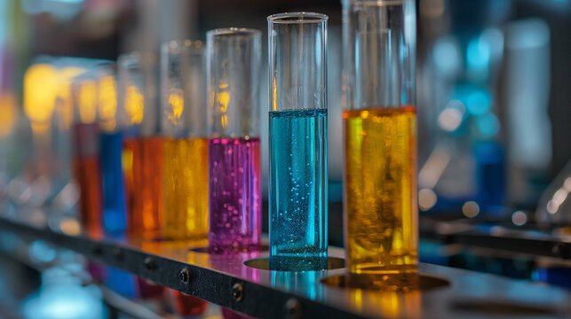 test tubes of different shapes and sizes with different colored liquid against the background of the laboratory