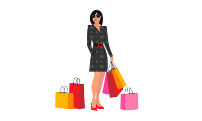 Woman with Bags, Shopping, Silhouette, Sales, Black Fraiday, Business, Silhouette, Flat Style, Discount, Package, Person, isolated