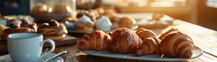 Morning light streaming onto a table set with a variety of gourmet pastries, including chocolate croissants and almond bear claws - obrazy, fototapety, plakaty