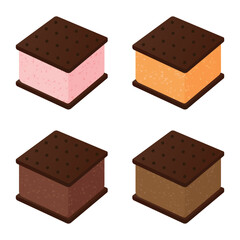 Ice cream sandwich vector illustration. Strawberry, orange, chocolate, peanut ice cream sandwich.