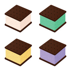Ice cream sandwich vector illustration. Vanilla, mint, lemon, taro ice cream sandwich.