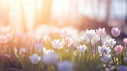 sunlight on Easter flowers, abstract blank blurred spring background, beauty in nature concept, copy space - generative ai - obrazy, fototapety, plakaty