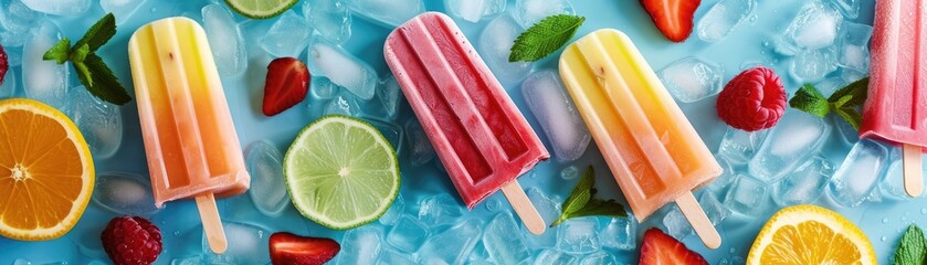 Outdoor summer setting with a selection of homemade frozen desserts like fruit popsicles, sorbets, and ice cream sandwiches - obrazy, fototapety, plakaty