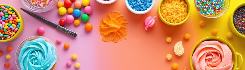 Overhead shot of a colorful array of cake decorating ingredients and tools, including icing bags, sprinkles, and fondant, creative layout