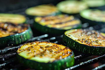 Indulge in the delectable essence of grilled zucchini slices. - obrazy, fototapety, plakaty