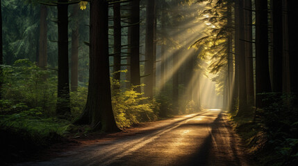 Sun rays shining through trees in redwood forest, California, USA