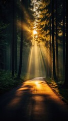 Road in the pine forest with rays of light passing through the trees