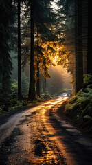 Obraz premium Road in the forest at sunrise with sun rays passing through the trees