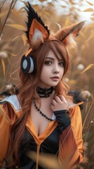 Woman in a Fox Cosplay standing against Nature Background - Girl Fox Costume Wallpaper created with Generative AI Technology
