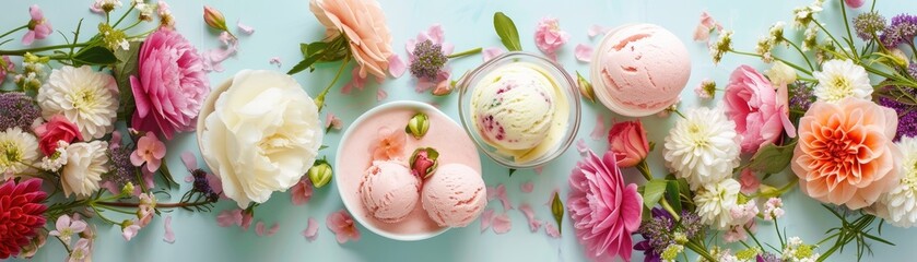Fototapeta na wymiar Spring garden party setting with floral-infused ice creams and light, airy seasonal desserts, surrounded by blooming flowers