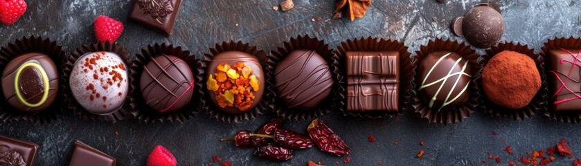Showcase of exotic and artisanal confections, including chocolate with unique infusions like lavender, chili, and sea salt, artistic layout - obrazy, fototapety, plakaty