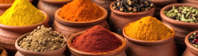 Vibrant collection of spices, including turmeric, cinnamon, and paprika, in small earthenware pots, ethnic background