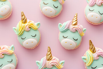 Naklejka premium For a unicorn-themed birthday celebration, showcase vibrant pastel-colored unicorn macarons against a soft pink backdrop.