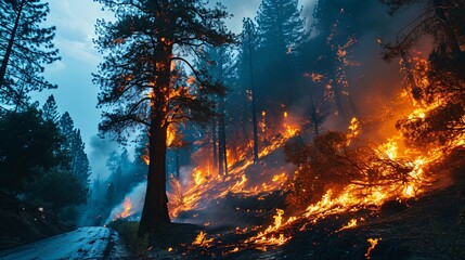 A blazing tree engulfed in inferno, causing a deadly forest fire that threatens nearby roads and vehicles with occupants.