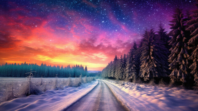 Beautiful winter landscape with a road in the forest at night .