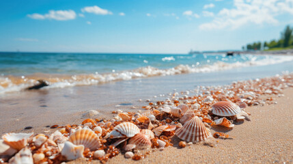 Fototapeta na wymiar Seashells on a sandy beach. Selective focus .