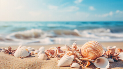 Fototapeta na wymiar Seashells on the beach. Summer vacation and travel concept