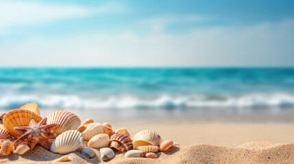 Seashells and starfish on the sandy beach. Summer background