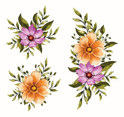 Summer flower branch bouquet collection with pink flowers and green leaves