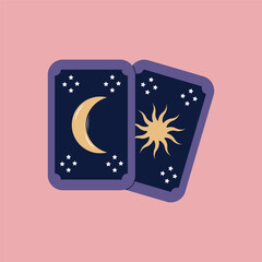 Tarot cards hand drawn in cartoon style. Concept of fortune telling and prediction. Vector flat illustration.