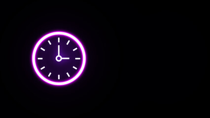 Neon glowing clock icon, sign. neon Time and Clock icon on the black background. neon clock sign. alarm silhouette.