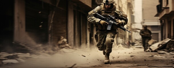 Fototapeta premium Special Forces soldiers navigating a war-torn battleground.