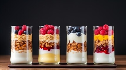 Collection of parfait desserts or snacks in glasses. Neural network AI generated art