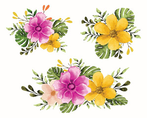 Bright spring wild floral branch bouquet arrangements with flowers and leaves in watercolor style