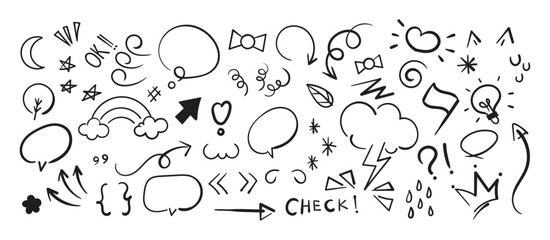 Fototapeta na wymiar Set of cute pen line doodle element vector. Hand drawn doodle style collection of heart, arrows, scribble, speech bubble, star. Cute isolated collection for office
