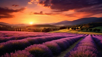 Fotobehang Sunset over lavender fields in Provence, France . © Art AI Gallery