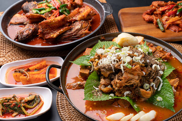 Gamjatang, pork backbone, hot pot, braised pollack, red chili paste pork bulgogi, bulgogi, side dish, Korean food