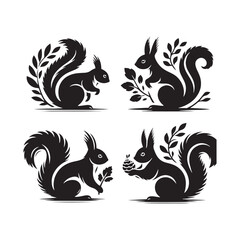 Foliage Frolic: Squirrel Silhouette Series Illustrating the Playful Frolic Amidst Lush Forest Greenery - Squirrel Illustration - Squirrel Vector - Animal Silhouette Vector
